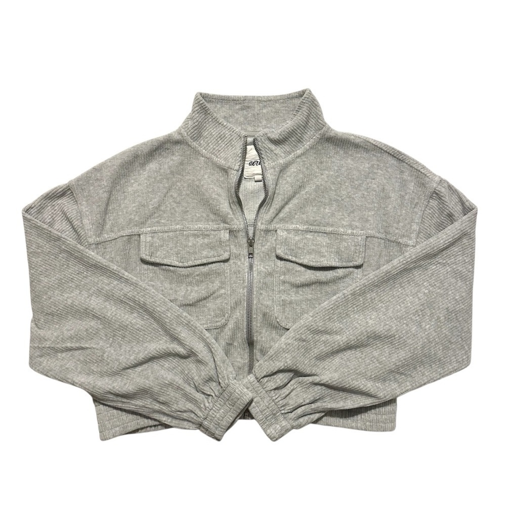 Aerie Velour Cropped Full Zip Ribbed Jacket in Grey Medium